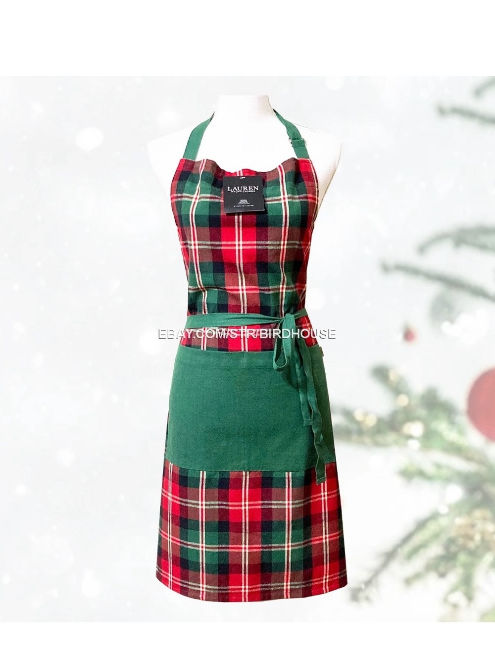 Ralph Lauren Home Red & Green Plaid Apron with Solid Green Pocket
